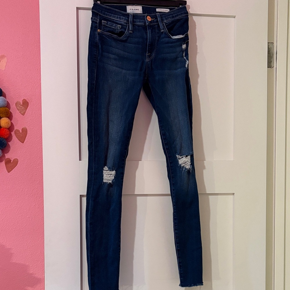 Frame Denim Dark Blue Ripped Skinny Jeans